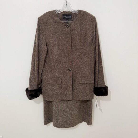 Vintage Sag Harbor 2 Pc Brown Skirt Suit Set Black Faux Fur Cuffs Size 16 NWT - Picture 1 of 5